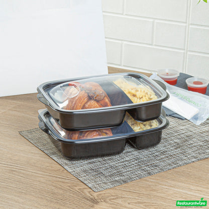 Wholesale Restaurantware 36 Oz Rectangle Black Plastic Food Container - with Clear Lid, Microwavable, 2 Compartments - 8 3/4" X 7" X 2 1/4" - 100 Count Box- Bulk