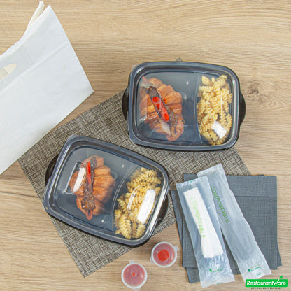 Wholesale Restaurantware 36 Oz Rectangle Black Plastic Food Container - with Clear Lid, Microwavable, 2 Compartments - 8 3/4" X 7" X 2 1/4" - 100 Count Box- Bulk