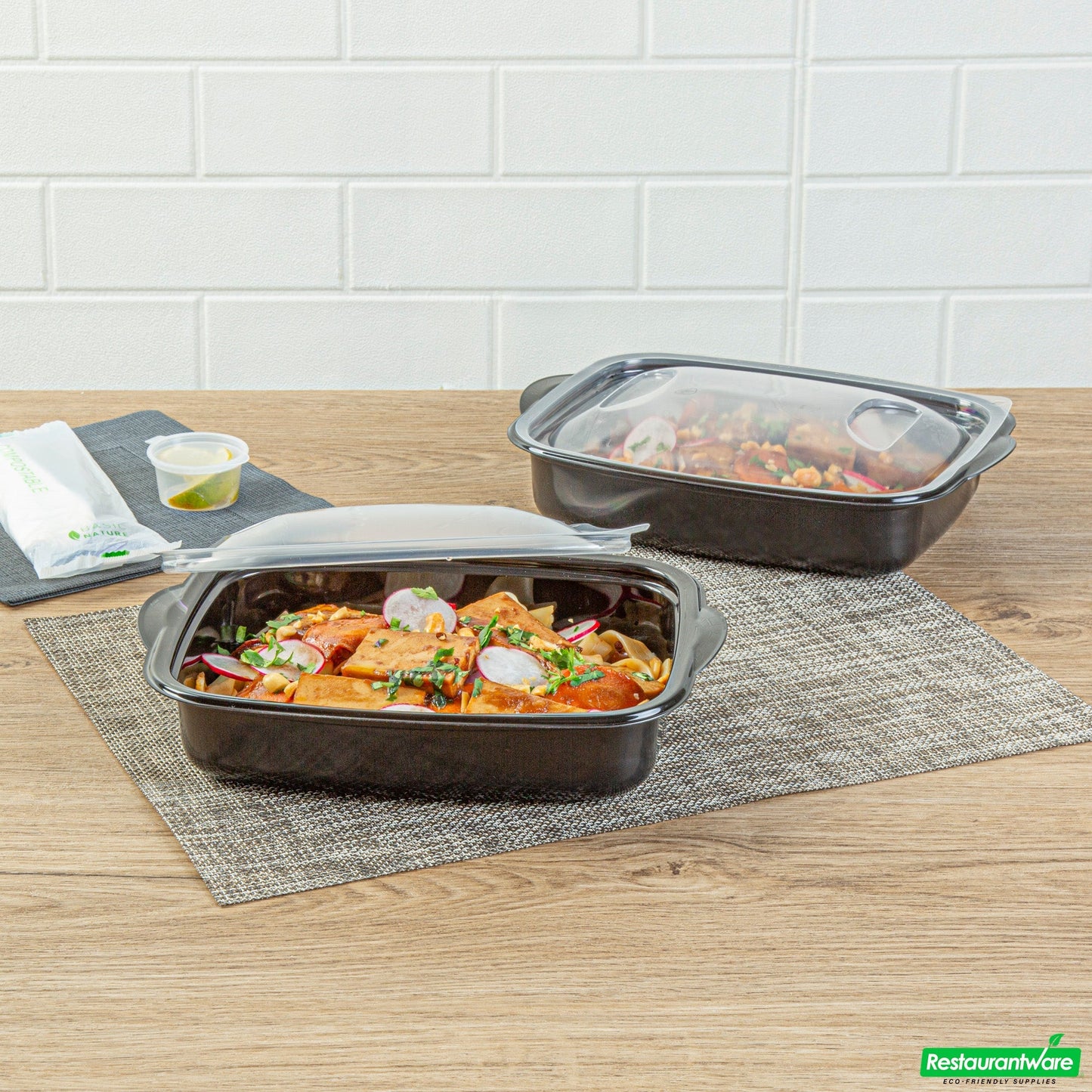 Wholesale Restaurantware 36 Oz Rectangle Black Plastic Food Container - with Clear Lid, Microwavable - 8 3/4" X 7" X 2 1/4" - 50 Count Box- Bulk