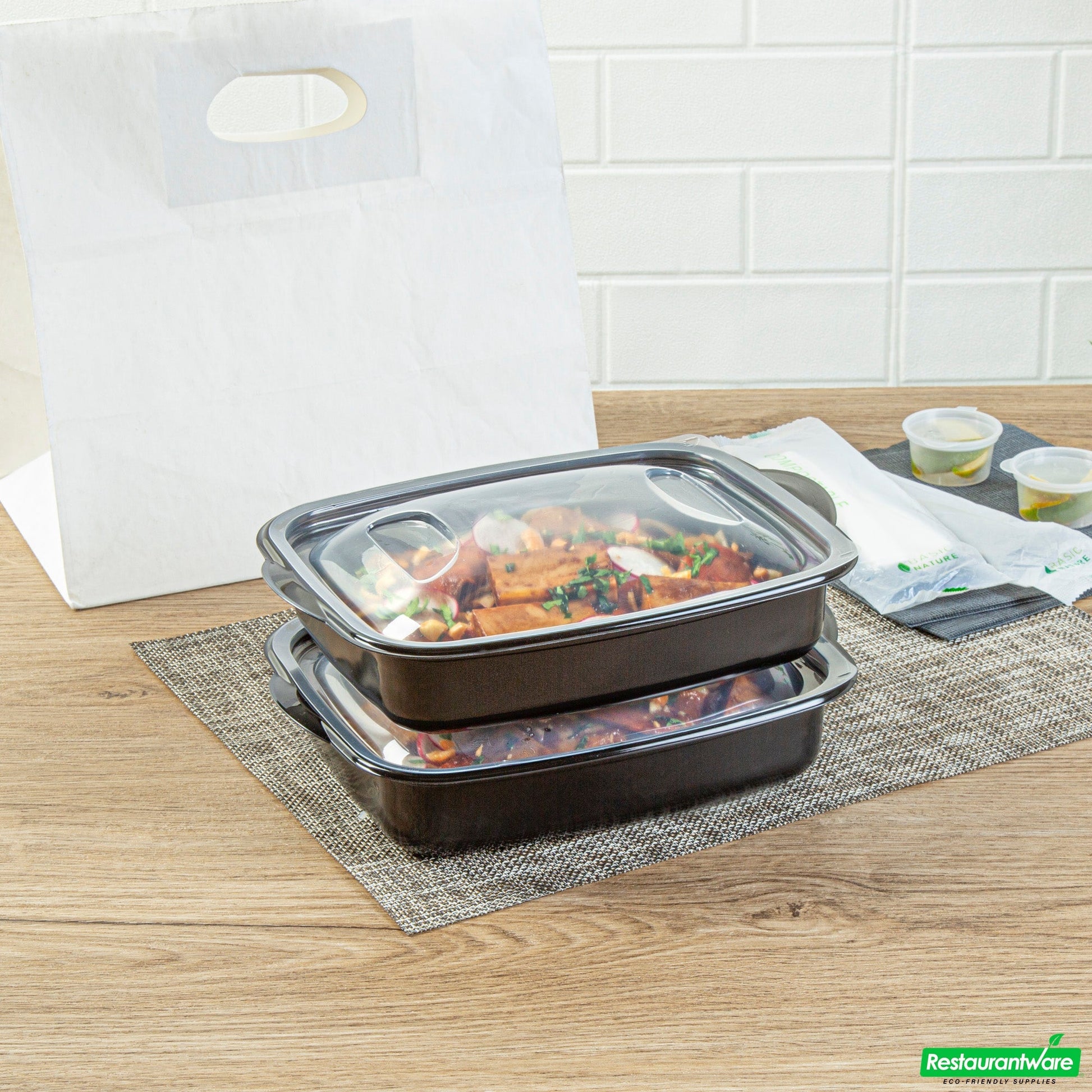 Wholesale Restaurantware 36 Oz Rectangle Black Plastic Food Container - with Clear Lid, Microwavable - 8 3/4" X 7" X 2 1/4" - 50 Count Box- Bulk