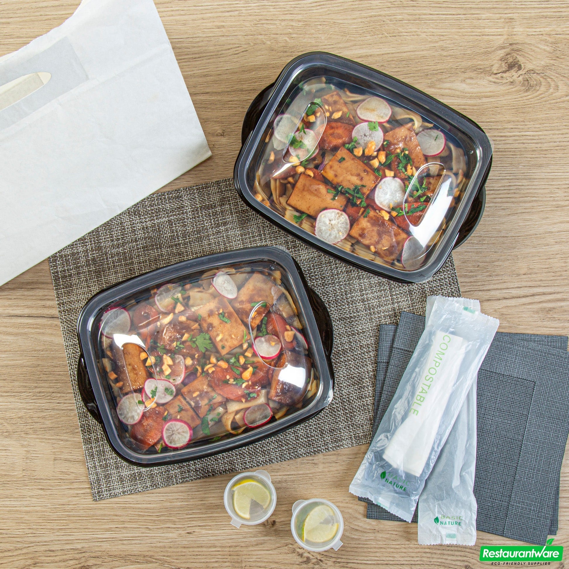 Wholesale Restaurantware 36 Oz Rectangle Black Plastic Food Container - with Clear Lid, Microwavable - 8 3/4" X 7" X 2 1/4" - 50 Count Box- Bulk