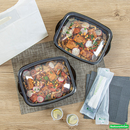 Wholesale Restaurantware 36 Oz Rectangle Black Plastic Food Container - with Clear Lid, Microwavable - 8 3/4" X 7" X 2 1/4" - 50 Count Box- Bulk