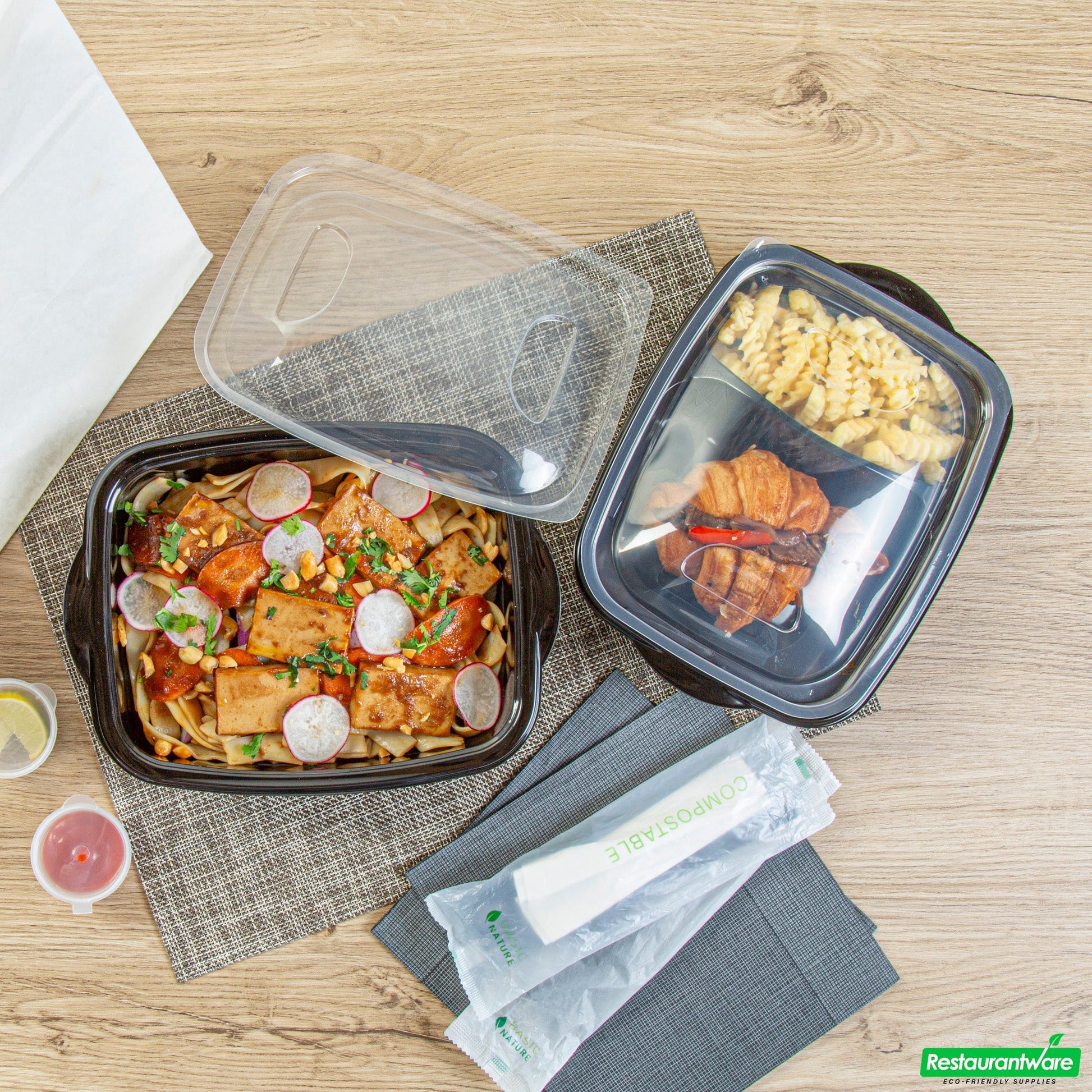 Wholesale Restaurantware 36 Oz Rectangle Black Plastic Food Container - with Clear Lid, Microwavable - 8 3/4" X 7" X 2 1/4" - 50 Count Box- Bulk