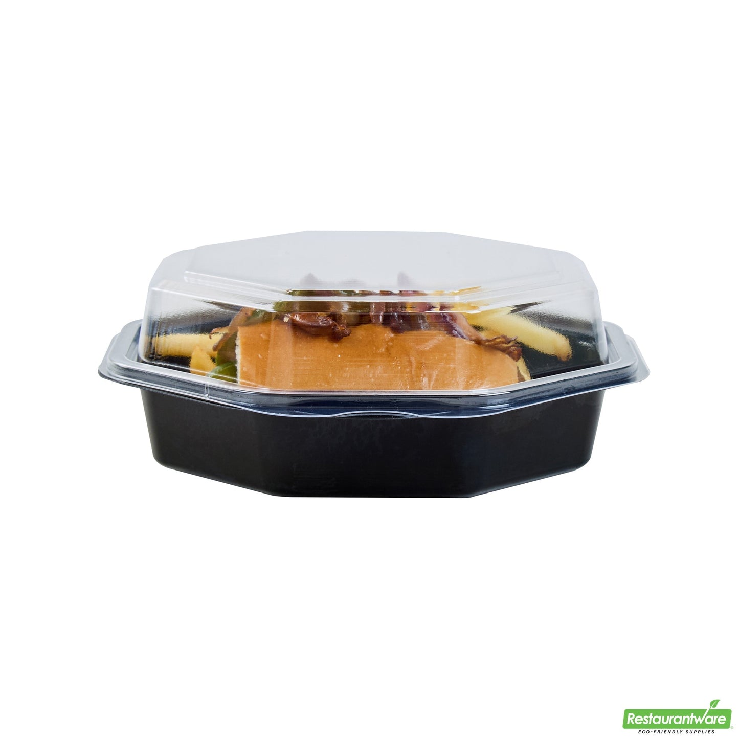 Wholesale Restaurantware Octagon Black Plastic Food Container - with Clear Lid - 6 1/4" X 6 1/4" X 2" - 100 Count Box- Bulk