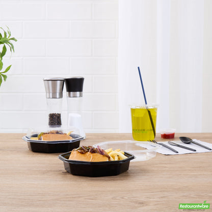 Wholesale Restaurantware Octagon Black Plastic Food Container - with Clear Lid - 6 1/4" X 6 1/4" X 2" - 100 Count Box- Bulk