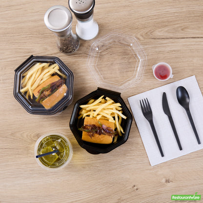 Wholesale Restaurantware Octagon Black Plastic Food Container - with Clear Lid - 6 1/4" X 6 1/4" X 2" - 100 Count Box- Bulk
