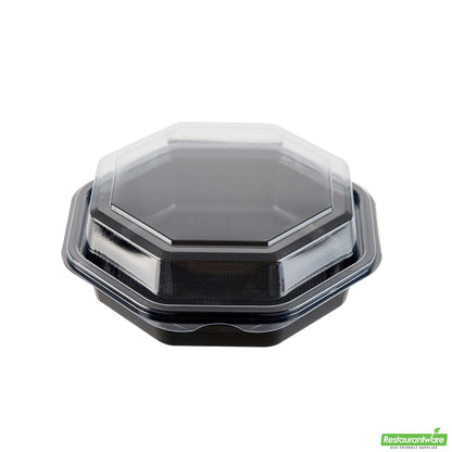 Wholesale Restaurantware Octagon Black Plastic Food Container - with Clear Lid - 6 1/4" X 6 1/4" X 2" - 100 Count Box- Bulk