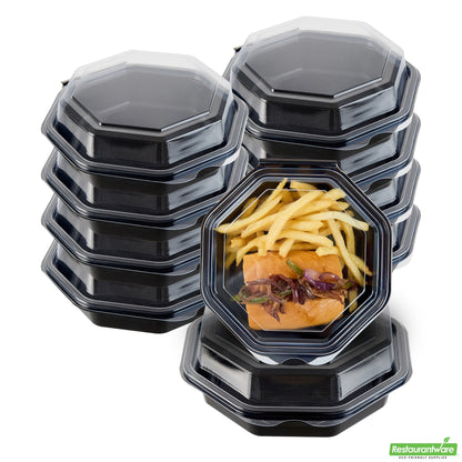 Wholesale Restaurantware Octagon Black Plastic Food Container - with Clear Lid - 6 1/4" X 6 1/4" X 2" - 100 Count Box- Bulk