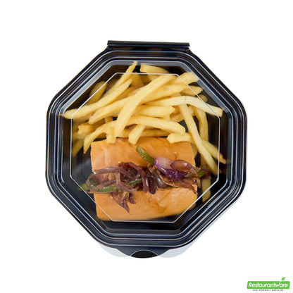 Wholesale Restaurantware Octagon Black Plastic Food Container - with Clear Lid - 6 1/4" X 6 1/4" X 2" - 100 Count Box- Bulk