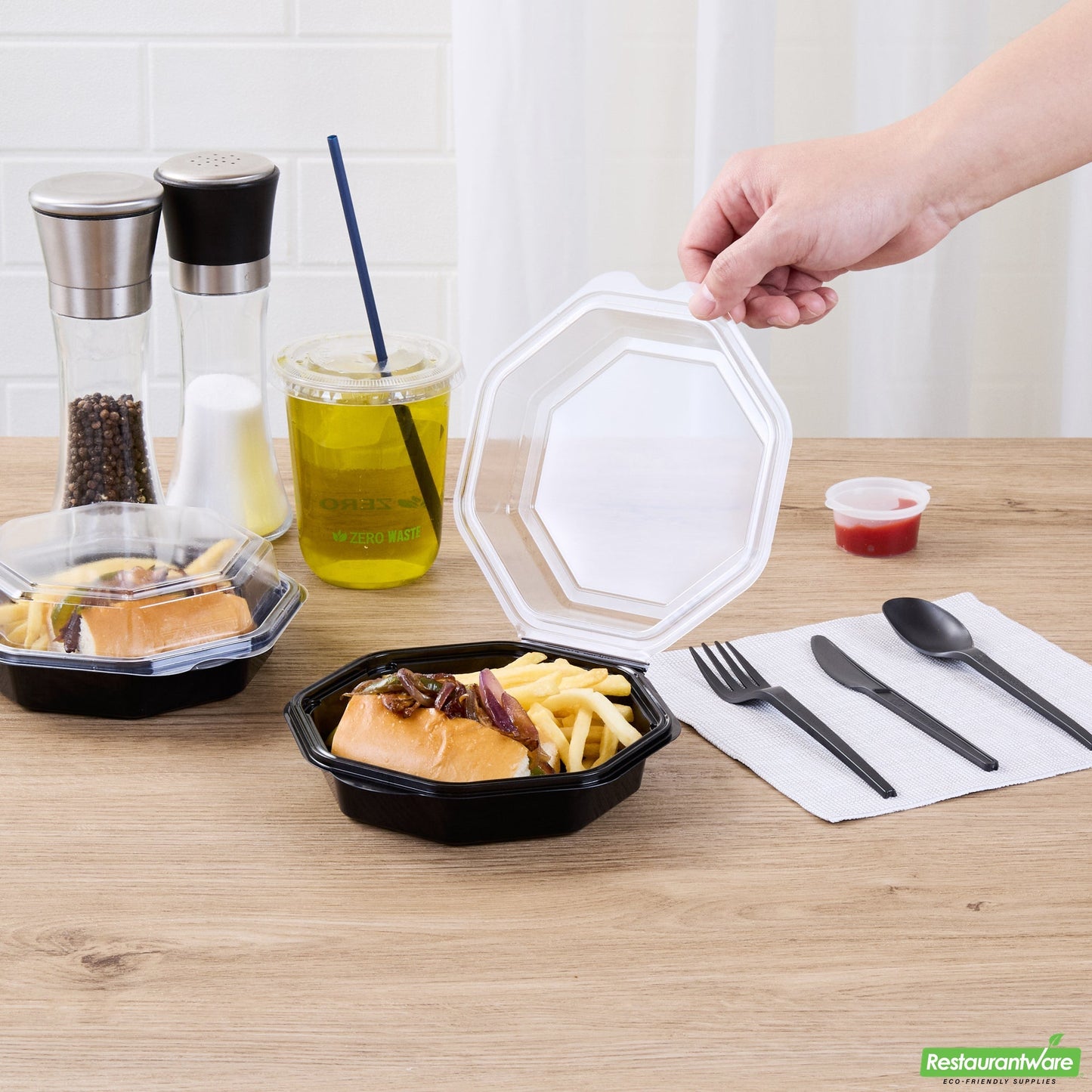 Wholesale Restaurantware Octagon Black Plastic Food Container - with Clear Lid - 6 1/4" X 6 1/4" X 2" - 100 Count Box- Bulk