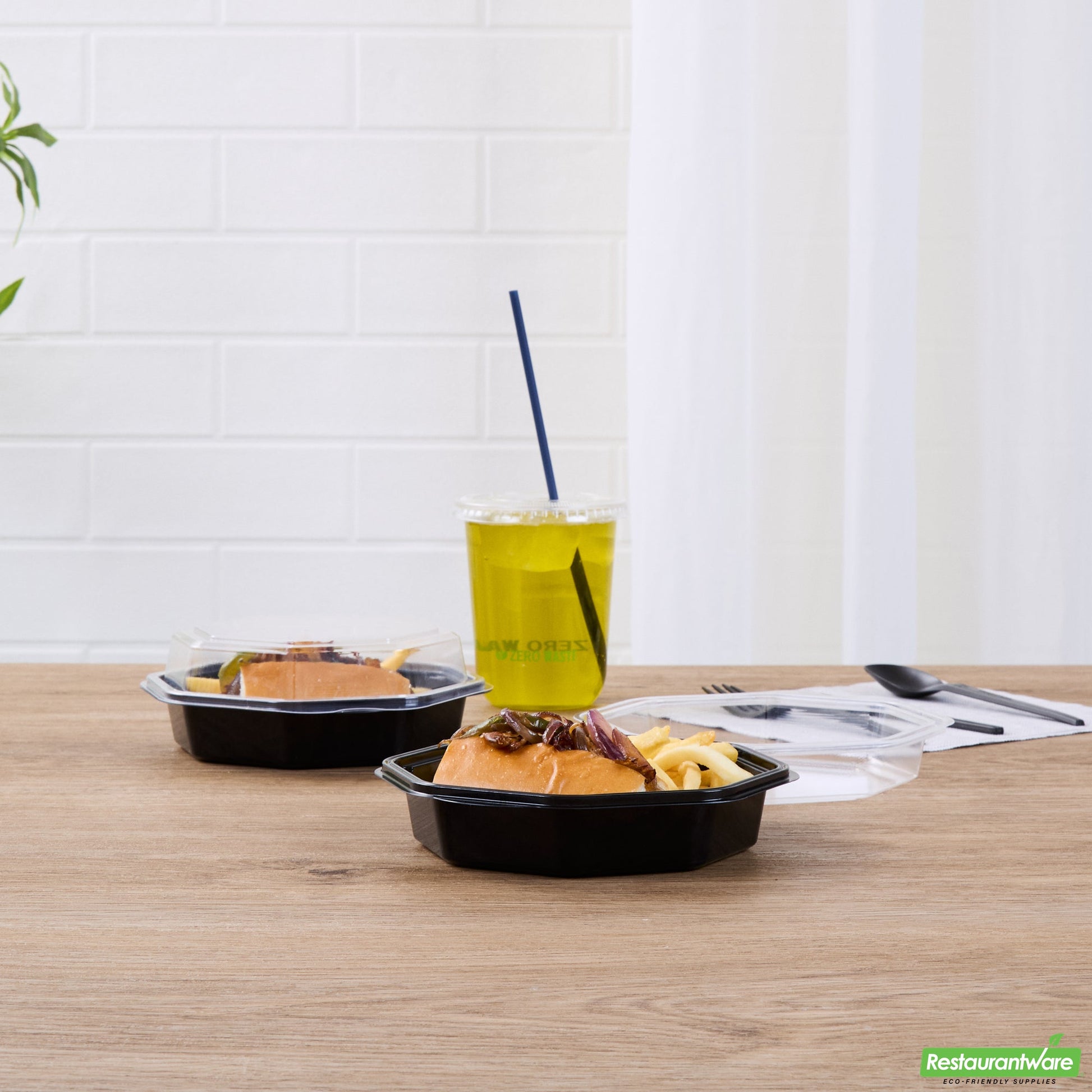 Wholesale Restaurantware Octagon Black Plastic Food Container - with Clear Lid - 6 1/4" X 6 1/4" X 2" - 100 Count Box- Bulk