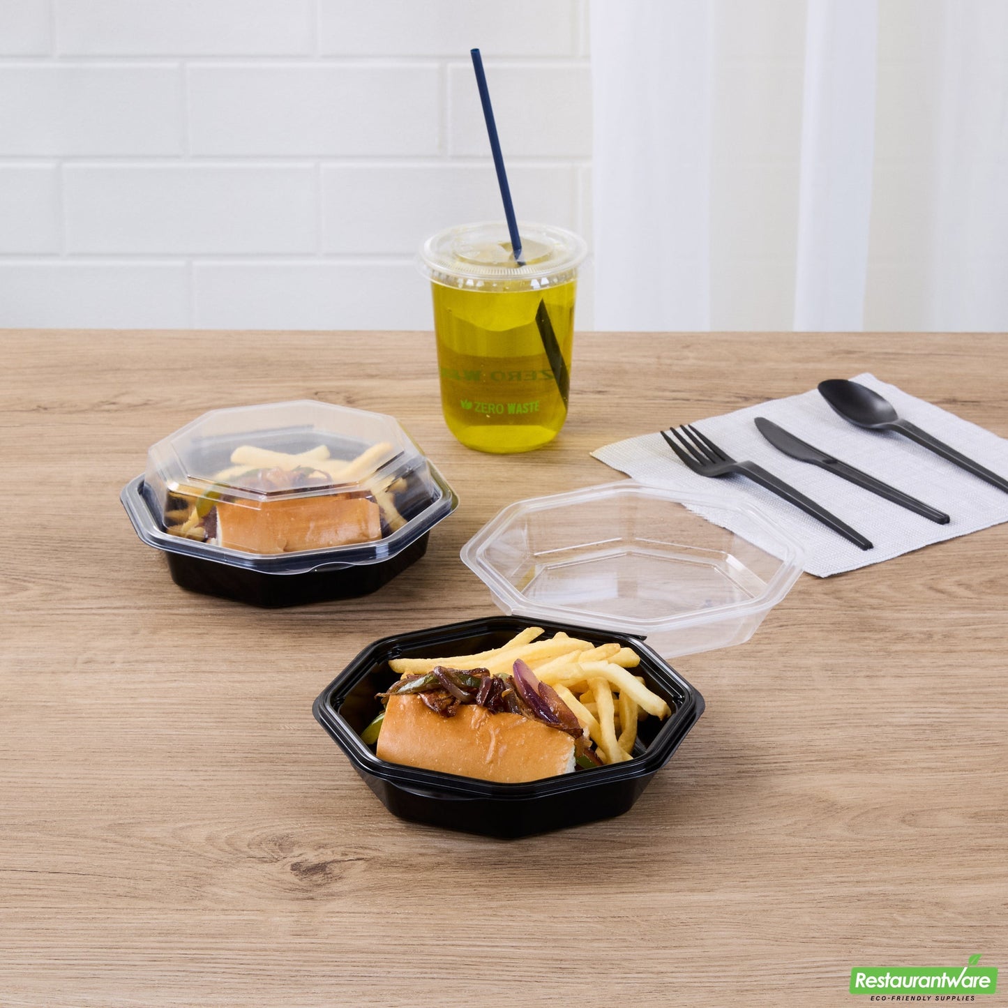 Wholesale Restaurantware Octagon Black Plastic Food Container - with Clear Lid - 6 1/4" X 6 1/4" X 2" - 100 Count Box- Bulk