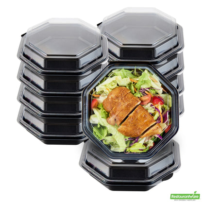 Wholesale Restaurantware Octagon Black Plastic Food Container - with Clear Lid - 7 1/2" X 7 1/2" X 2 1/4" - 100 Count Box- Bulk