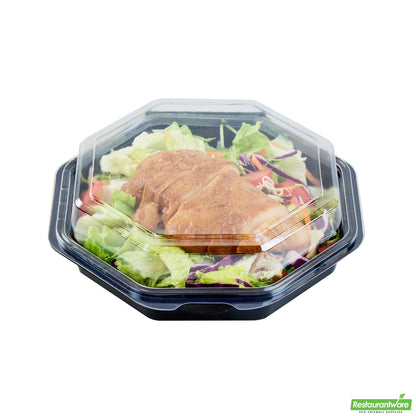 Wholesale Restaurantware Octagon Black Plastic Food Container - with Clear Lid - 7 1/2" X 7 1/2" X 2 1/4" - 100 Count Box- Bulk
