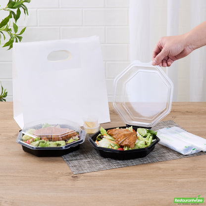 Wholesale Restaurantware Octagon Black Plastic Food Container - with Clear Lid - 7 1/2" X 7 1/2" X 2 1/4" - 100 Count Box- Bulk