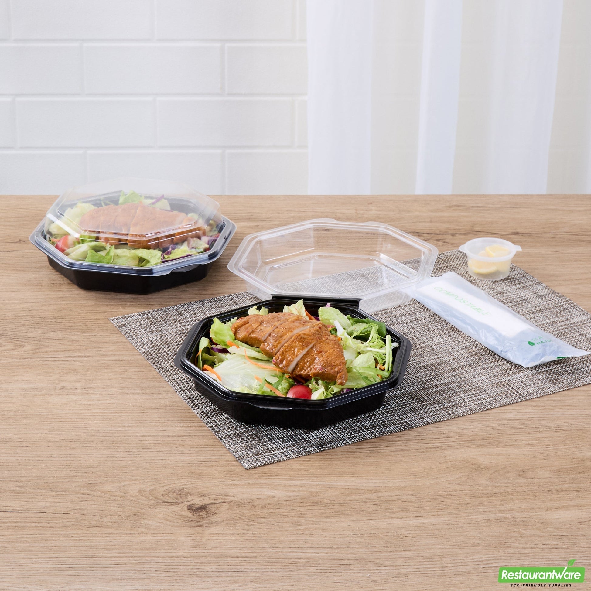 Wholesale Restaurantware Octagon Black Plastic Food Container - with Clear Lid - 7 1/2" X 7 1/2" X 2 1/4" - 100 Count Box- Bulk