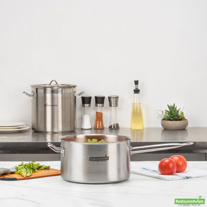 Wholesale Restaurantware Met Lux 7.5 Qt Stainless Steel Sauce Pan - Induction Ready, Dual Handle- Bulk