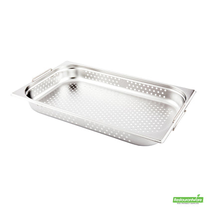 Wholesale Restaurantware Met Lux Rectangle Stainless Steel Full Size Steam Table Pan 2.5 Inch Deep - Perforated, Anti Jam, Collapsible Handles- Bulk