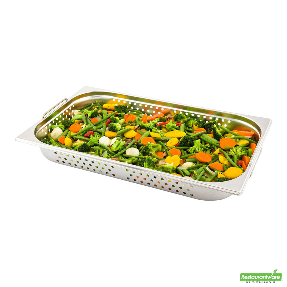 Wholesale Restaurantware Met Lux Rectangle Stainless Steel Full Size Steam Table Pan 2.5 Inch Deep - Perforated, Anti Jam, Collapsible Handles- Bulk