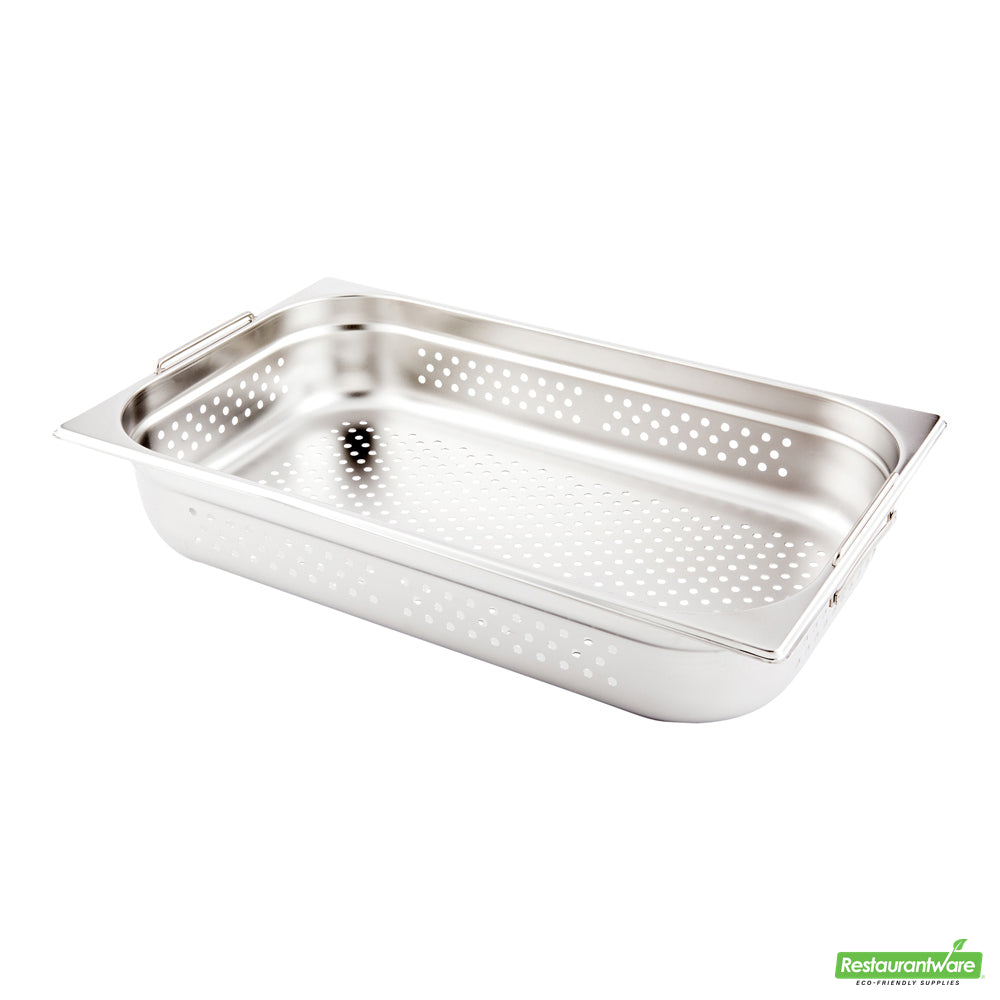 Wholesale Restaurantware Met Lux Rectangle Stainless Steel Full Size Steam Table Pan 4 Inch Deep - Perforated, Anti Jam, Collapsible Handles- Bulk