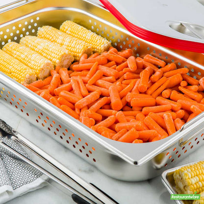 Wholesale Restaurantware Met Lux Rectangle Stainless Steel Full Size Steam Table Pan 4 Inch Deep - Perforated, Anti Jam, Collapsible Handles- Bulk