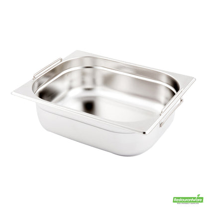 Wholesale Restaurantware Met Lux Rectangle Stainless Steel 1/2 Size Steam Table Pan 4 Inch Deep - Anti Jam, Collapsible Handles- Bulk