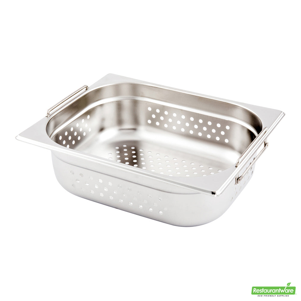 Wholesale Restaurantware Met Lux Rectangle Stainless Steel 1/2 Size Steam Table Pan 4 Inch Deep - Perforated, Anti Jam, Collapsible Handles- Bulk