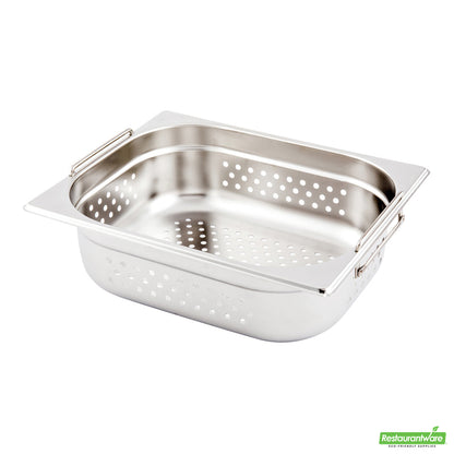 Wholesale Restaurantware Met Lux Rectangle Stainless Steel 1/2 Size Steam Table Pan 4 Inch Deep - Perforated, Anti Jam, Collapsible Handles- Bulk