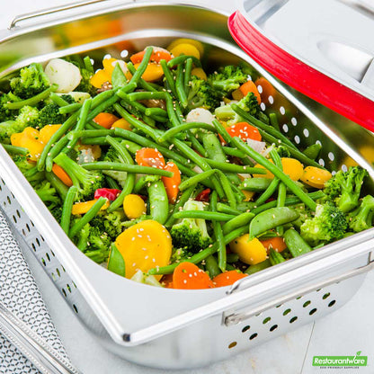 Wholesale Restaurantware Met Lux Rectangle Stainless Steel 1/2 Size Steam Table Pan 4 Inch Deep - Perforated, Anti Jam, Collapsible Handles- Bulk