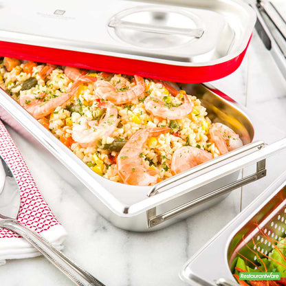 Wholesale Restaurantware Met Lux Rectangle Stainless Steel 1/3 Size Steam Table Pan 2.5 Inch Deep - Anti Jam, Collapsible Handles- Bulk