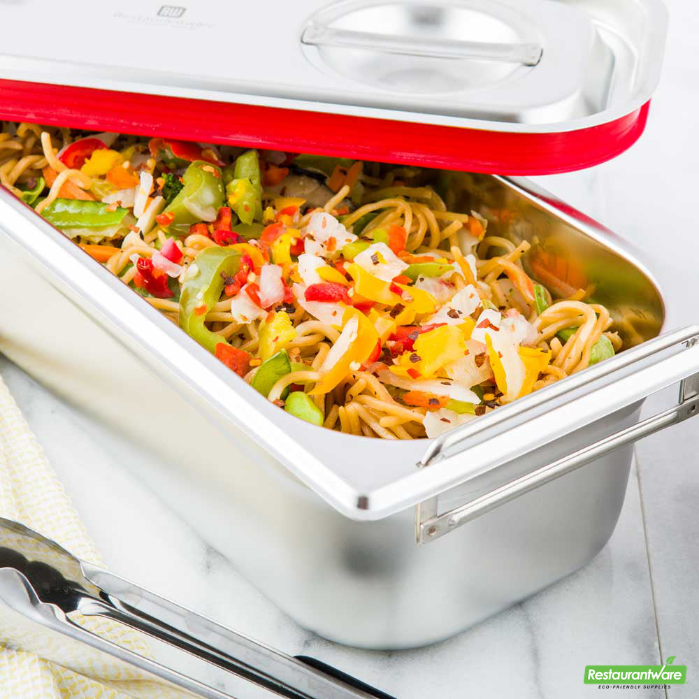 Wholesale Restaurantware Met Lux Rectangle Stainless Steel 1/3 Size Steam Table Pan 4 Inch Deep - Anti Jam, Collapsible Handles- Bulk