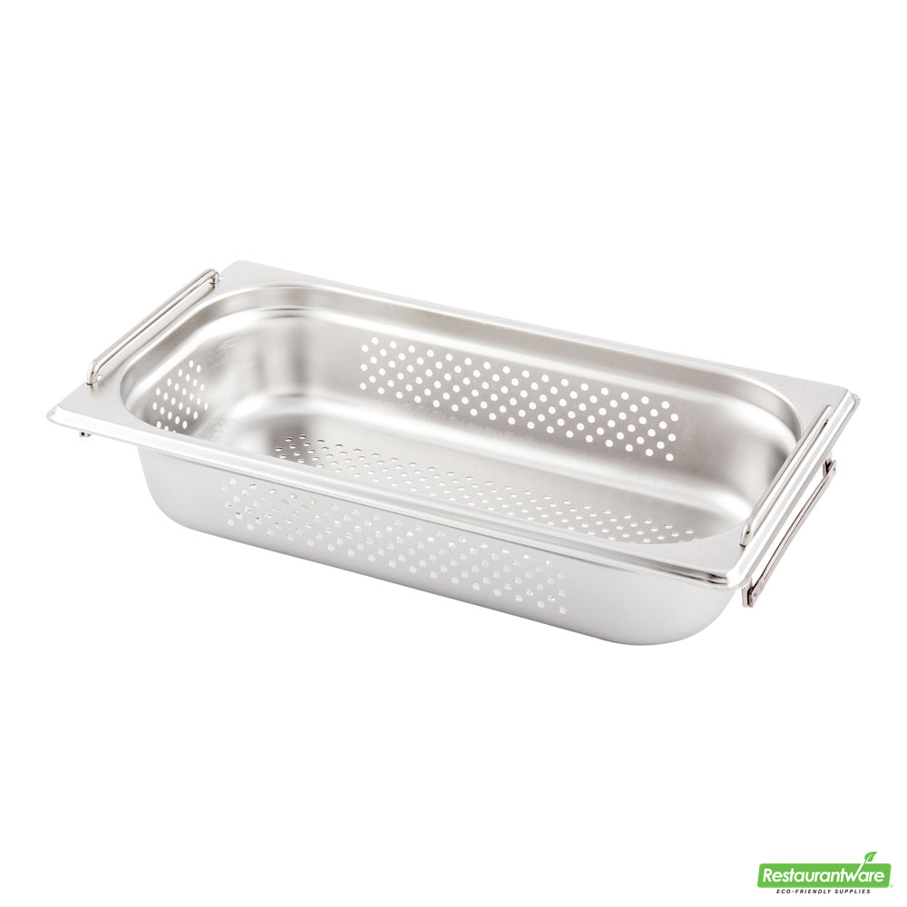 Wholesale Restaurantware Met Lux Rectangle Stainless Steel 1/3 Size Steam Table Pan 2.5 Inch Deep - Perforated, Anti Jam, Collapsible Handles- Bulk