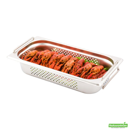 Wholesale Restaurantware Met Lux Rectangle Stainless Steel 1/3 Size Steam Table Pan 2.5 Inch Deep - Perforated, Anti Jam, Collapsible Handles- Bulk