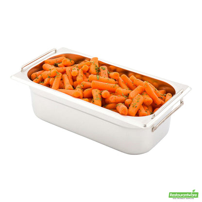 Wholesale Restaurantware Met Lux Rectangle Stainless Steel 1/3 Size Steam Table Pan 4 Inch Deep - Perforated, Anti Jam, Collapsible Handles- Bulk
