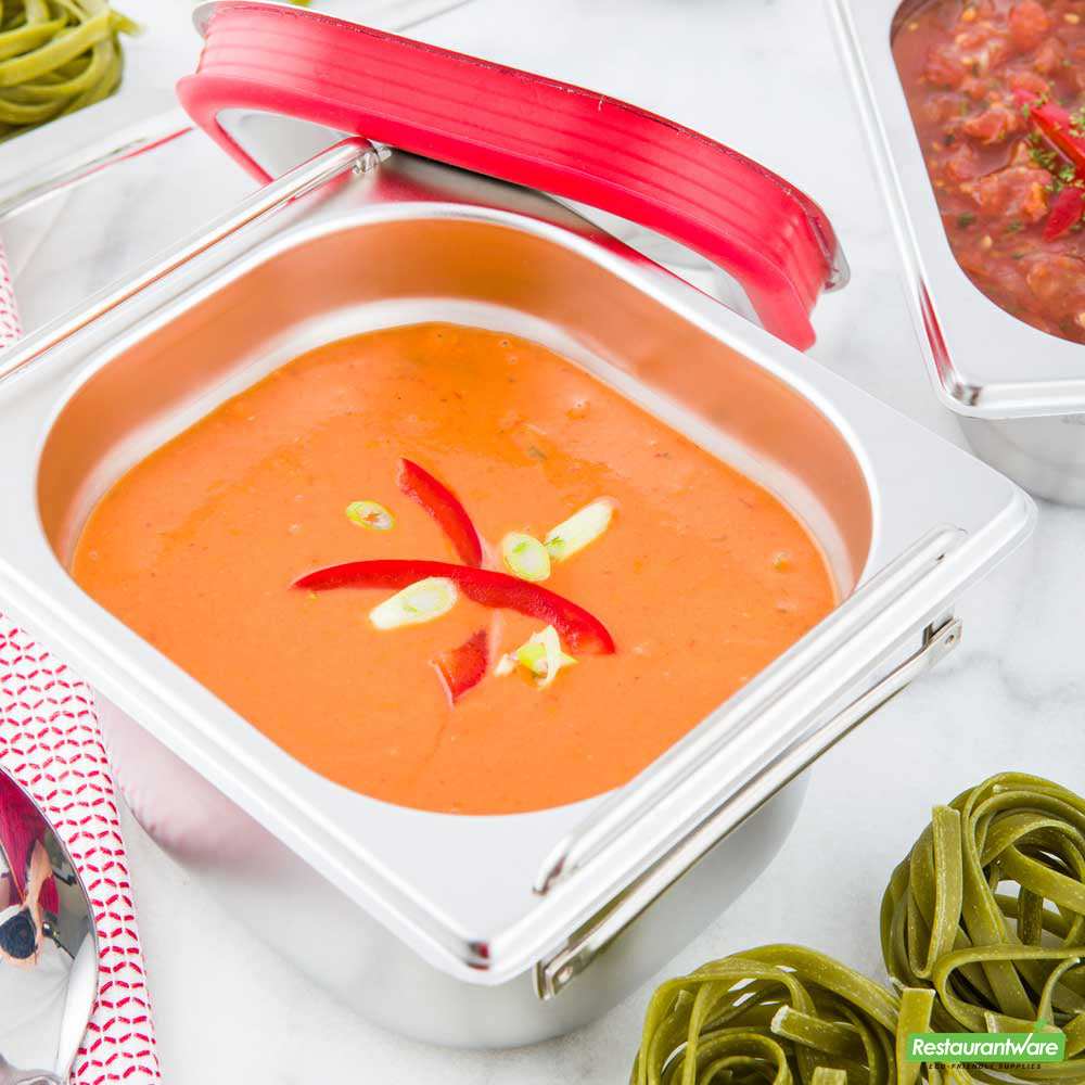 Wholesale Restaurantware Met Lux Rectangle Stainless Steel 1/6 Size Steam Table Pan 4 Inch Deep - Anti Jam, Collapsible Handles- Bulk