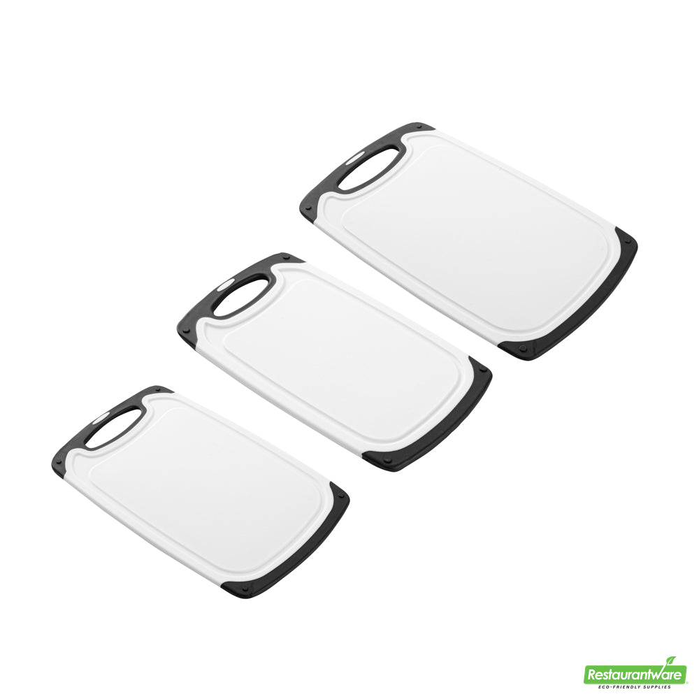Wholesale Restaurantware Comfy Grip White and Black Plastic Cutting Board Set - Includes 3 Boards, with Juice Groove, Handle- Bulk