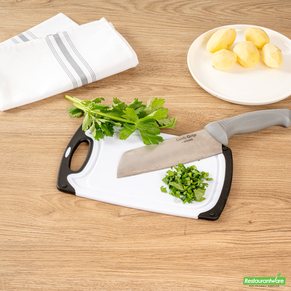 Wholesale Restaurantware Comfy Grip White and Black Plastic Cutting Board Set - Includes 3 Boards, with Juice Groove, Handle- Bulk