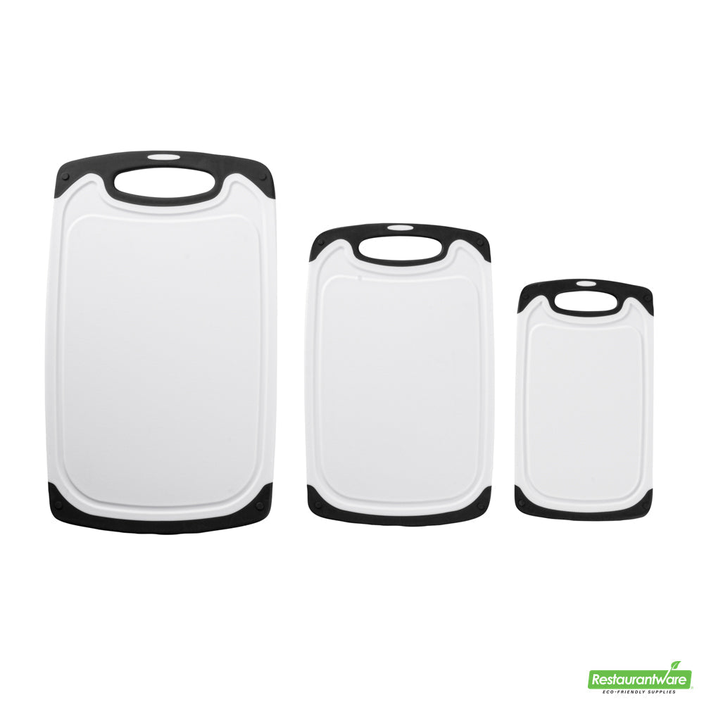 Wholesale Restaurantware Comfy Grip White and Black Plastic Cutting Board Set - Includes 3 Boards, with Juice Groove, Handle- Bulk