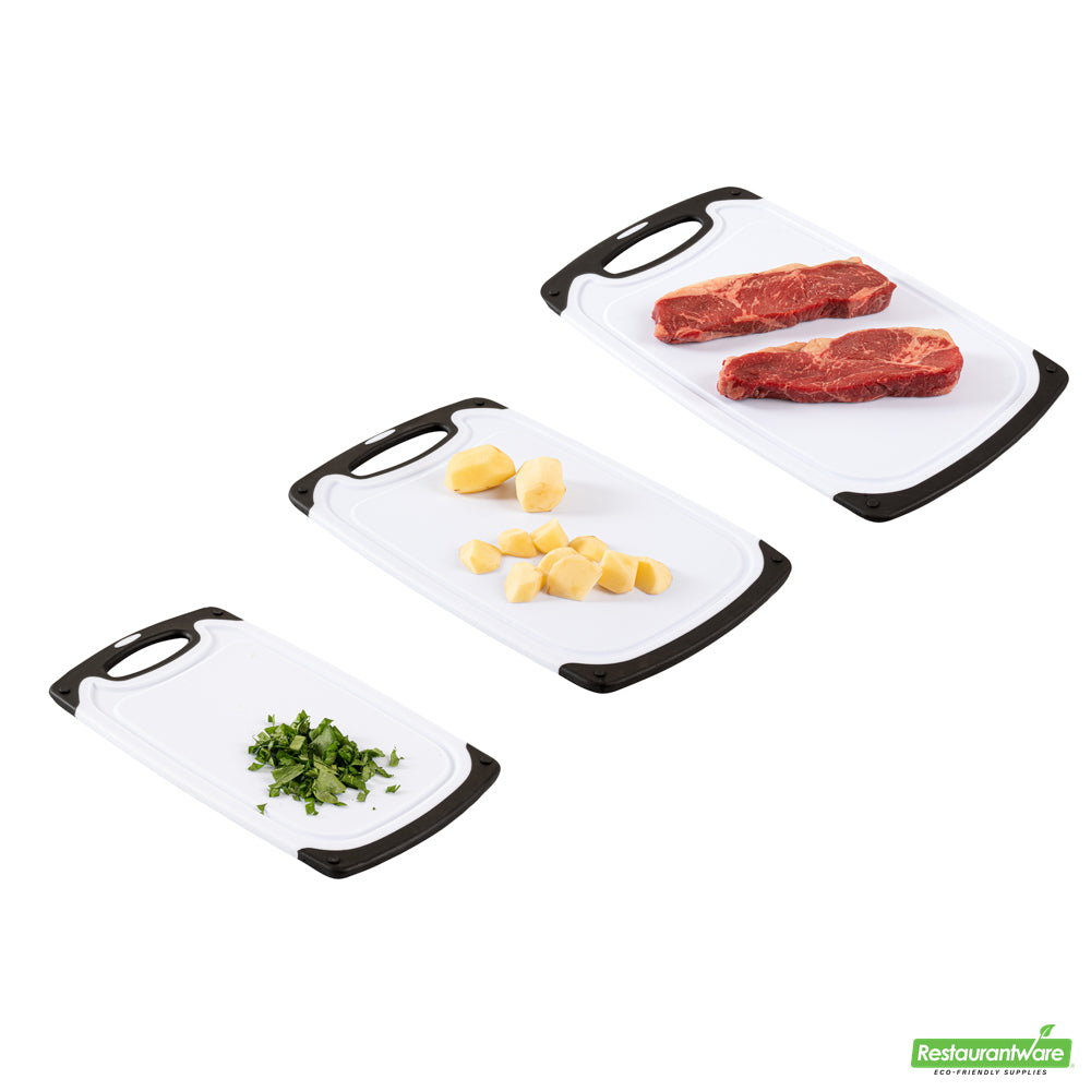 Wholesale Restaurantware Comfy Grip White and Black Plastic Cutting Board Set - Includes 3 Boards, with Juice Groove, Handle- Bulk