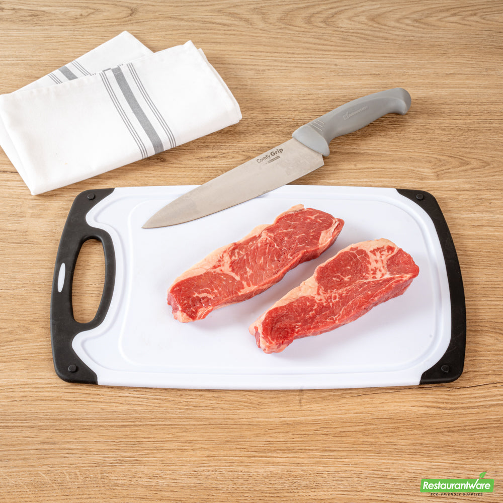Wholesale Restaurantware Comfy Grip White and Black Plastic Cutting Board Set - Includes 3 Boards, with Juice Groove, Handle- Bulk