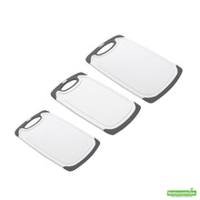 Wholesale Restaurantware Comfy Grip White and Gray Plastic Cutting Board Set - Includes 3 Boards, with Juice Groove, Handle- Bulk