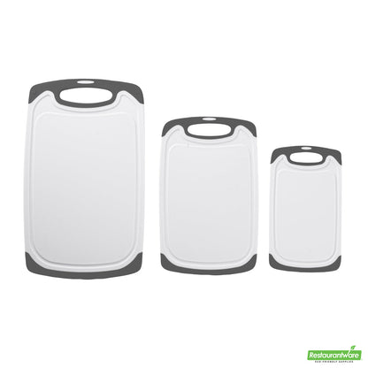 Wholesale Restaurantware Comfy Grip White and Gray Plastic Cutting Board Set - Includes 3 Boards, with Juice Groove, Handle- Bulk