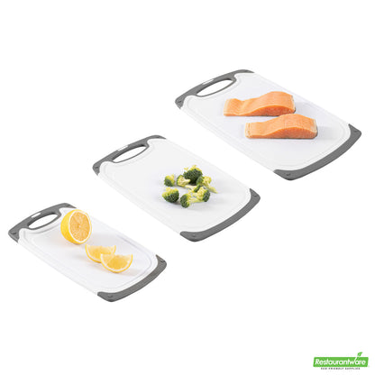 Wholesale Restaurantware Comfy Grip White and Gray Plastic Cutting Board Set - Includes 3 Boards, with Juice Groove, Handle- Bulk