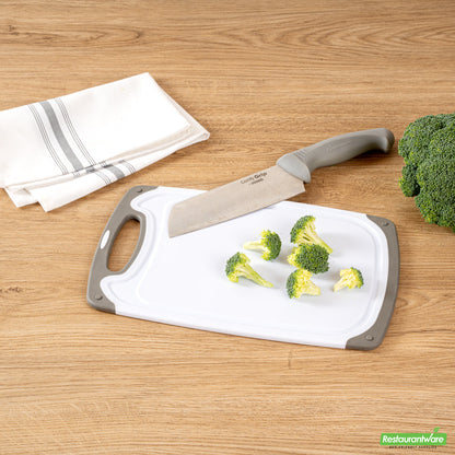 Wholesale Restaurantware Comfy Grip White and Gray Plastic Cutting Board Set - Includes 3 Boards, with Juice Groove, Handle- Bulk