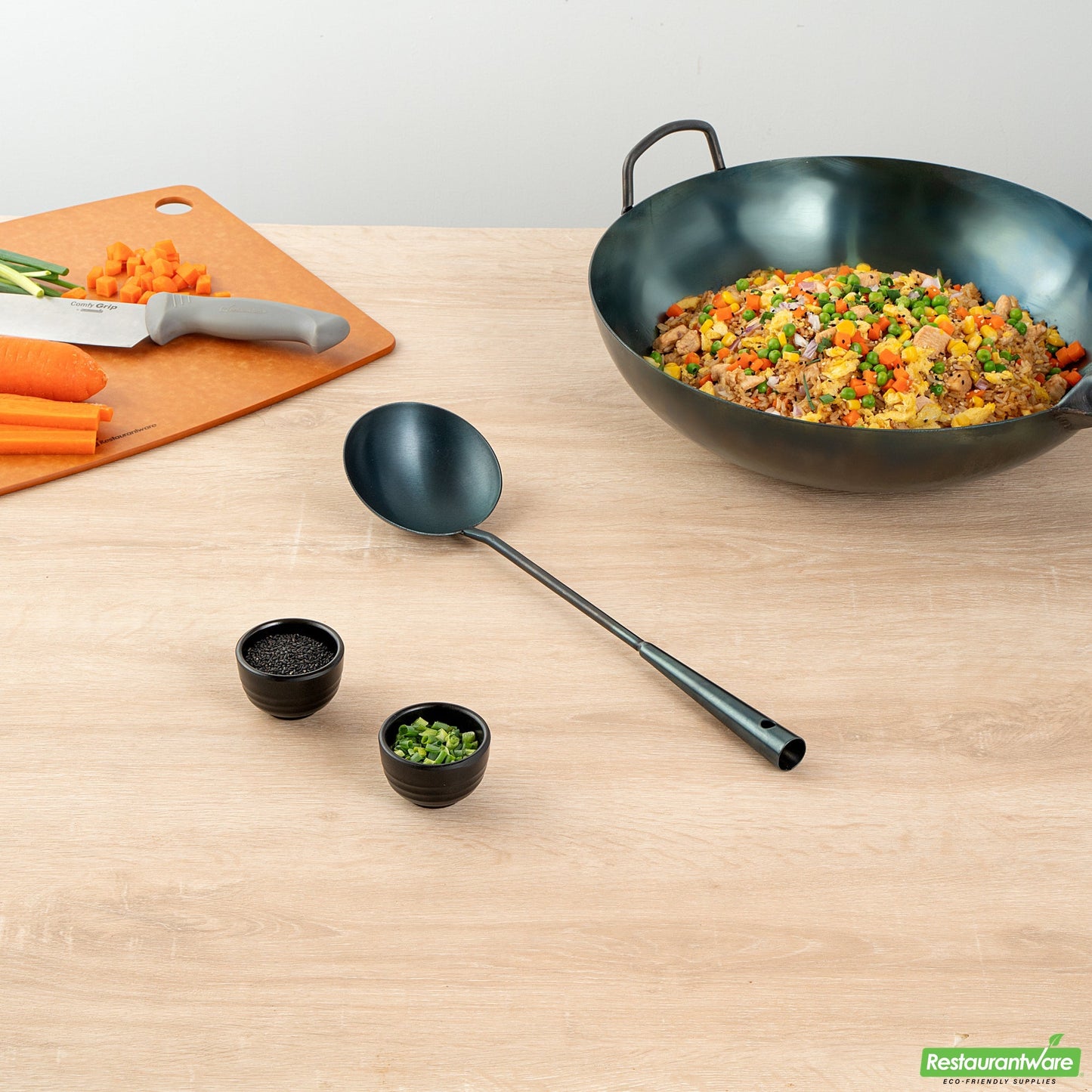 Wholesale Restaurantware Blue Carbon Steel Wok Ladle - Pre-Seasoned- Bulk